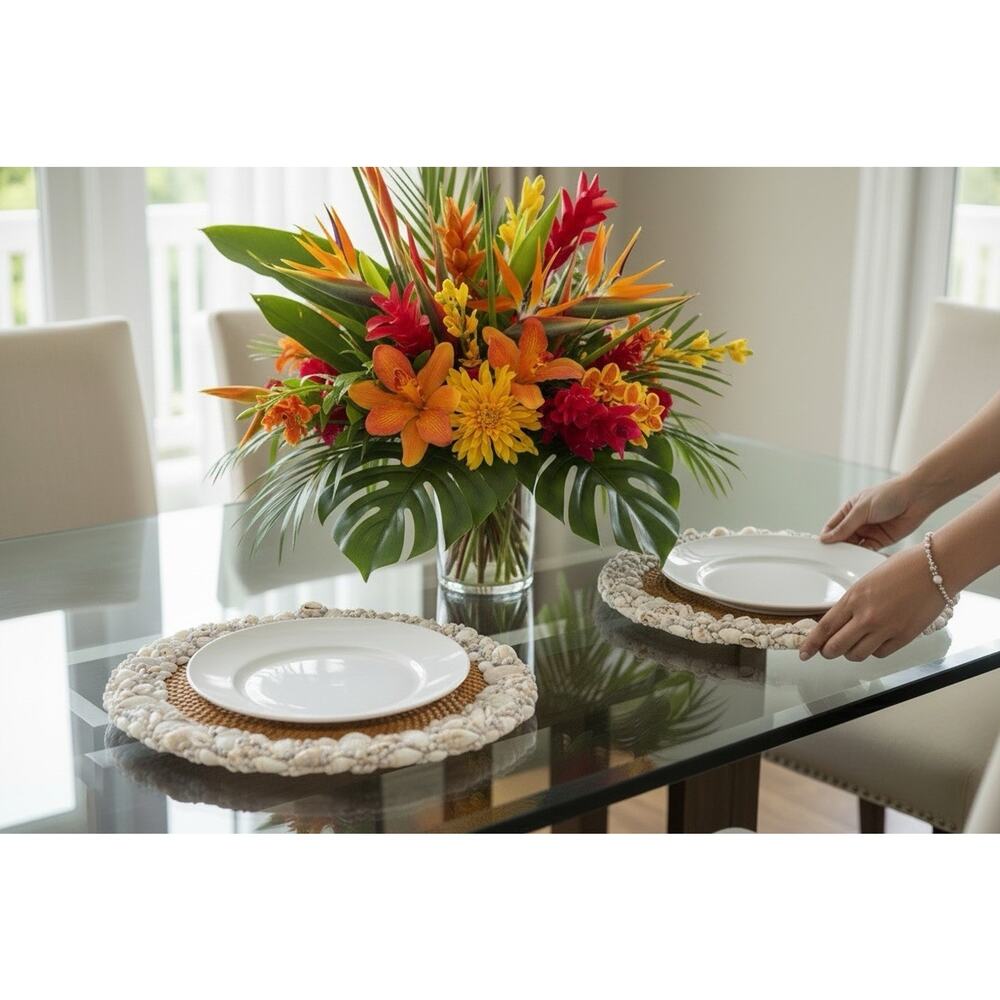 Pottery Barn Tava Sea Shell Rimmed Handwoven Rattan Beach Charger Plate Set Of 2 - Picture 7 of 7